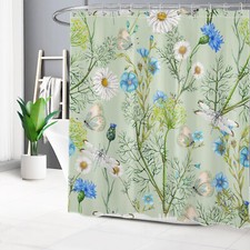 Summer Dragonfly Green Plant Blue Floral Shower Curtain Bathroom Accessories Set — custom printed polyester bath curtain