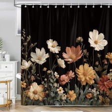 Black Floral Shower Curtain, Vintage Boho Dark Flower Wildflower Botanical Ba... — custom printed polyester bath curtain