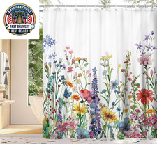 Farmhouse Rustic Boho Floral Shower Curtain, Colorful Watercolor Wildflower Flow — custom printed polyester bath curtain