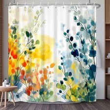 Watercolor Floral Shower Curtain with Hooks, Farmhouse Watercolor Botanical — custom printed polyester bath curtain