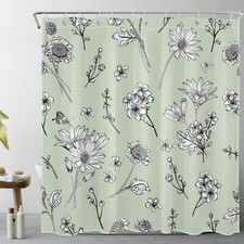 Plant Black and White Floral Sage Green Shower Curtain Bathroom Decor 72X72 Inch — custom printed polyester bath curtain