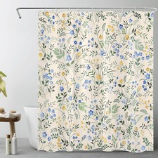 Blue Floral Botanical Yellow Flower Beige Shower Curtain Set for Bathroom Decor — custom printed polyester bath curtain