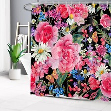 Watercolor Butterfly Pink Floral Black Shower Curtain Bathroom Accessories Set — custom printed polyester bath curtain