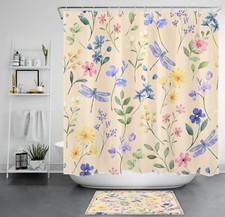 Purple Dragonfly Pink Wildflower Beige Shower Curtain Bathroom Accessories Set — custom printed polyester bath curtain