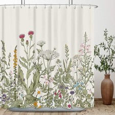 Wildflower Botanical Shower Curtain 72“”x72” Floral Plant Herbs Green Leaves — custom printed polyester bath curtain