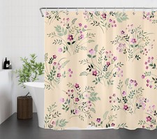 Rustic Green Leaf Pink Wildflower on Beige Shower Curtain Set for Bathroom Decor — custom printed polyester bath curtain