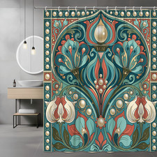 Art Nouveau Floral Shower Curtain, Teal Coral Vintage Style Print — custom printed polyester bath curtain