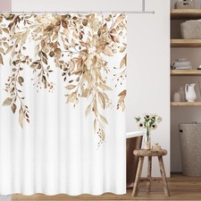 Tan Eucalyptus Shower Curtain Set Watercolor Brown Leaves 72x84 Inch Hooks — custom printed polyester bath curtain