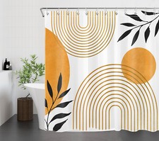 Plant Leaf Boho Mid Century Minimalist Shower Curtain Set for Bathroom Decor — custom printed polyester bath curtain