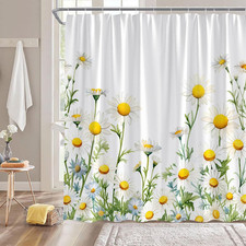 Rustic Daisy Shower Curtain with Hookswhite Yellow,70"X70" — custom printed polyester bath curtain