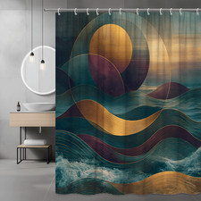Abstract Ocean Waves Shower Curtain, Teal Gold Geometric Art — custom printed polyester bath curtain