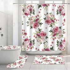 Vintage Floral Shower Curtain Sets 4-Piece Pink Rose Waterproof Shower Curtai... — custom printed polyester bath curtain