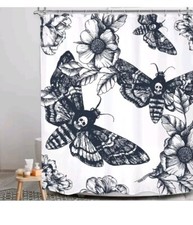 Black White Skull Moth Shower Curtain Bathroom Set 60Wx71H Inches Vintage Gothic — custom printed polyester bath curtain