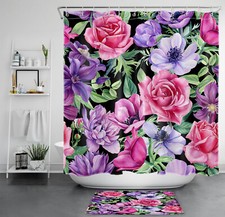 Plant Pink Purple Floral Leaf on Black Shower Curtain Bathroom Accessories Set — custom printed polyester bath curtain