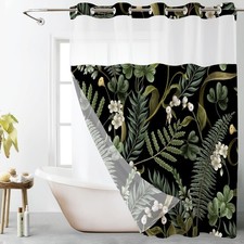 No Hook Shower Curtain and Liner Set Green Botanical Leaves Black Shower Curtain — custom printed polyester bath curtain