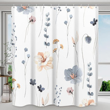 Waterproof Shower Curtain Set with Hooks - Watercolor Blue Beige Floral Plant Sh — custom printed polyester bath curtain
