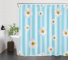 Blue Abstract Striped Yellow Daisy Floral Shower Curtain Set for Bathroom Decor — custom printed polyester bath curtain