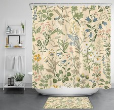Boho Wildflower and Green Leaf on Beige Shower Curtain Bathroom Accessories Set — custom printed polyester bath curtain