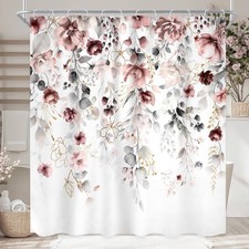 Floral Flower Shower Curtain 72Wx72L Inch Grey Pink Floral Blossom Leaves Gir... — custom printed polyester bath curtain
