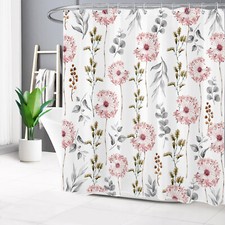 Botanical Grey Leaf Pink Wilddlower Shower Curtain Bathroom Accessories Set — custom printed polyester bath curtain