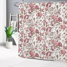Country Farmhouse Pink Flower on White Shower Curtain Bathroom Accessories Set — custom printed polyester bath curtain