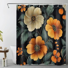 Country Green Leaf Orange Floral Black Shower Curtain Set for Bathroom Decor — custom printed polyester bath curtain