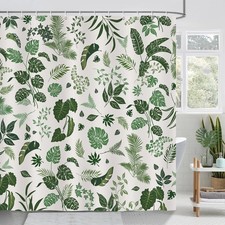 Green Leaf Shower Curtain, Tropical Jungle Leaves Plant Nature Bathroom Curta... — custom printed polyester bath curtain