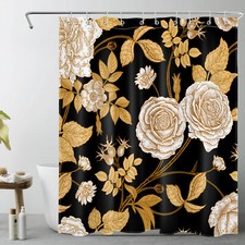 Vintage Plant Leaf Gold Floral Black Shower Curtain Set for Bathroom Decor — custom printed polyester bath curtain