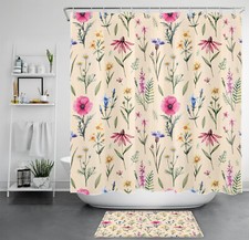 Yellow Daisy Beige and Pink Wildflower Shower Curtain Bathroom Accessories Set — custom printed polyester bath curtain