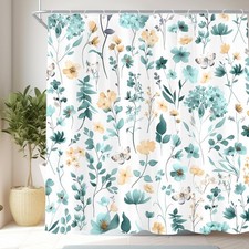 Teal Floral Flower Wildflower Rustic Bathroom Shower Curtain Set 72"W x 72"H — custom printed polyester bath curtain