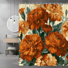 Orange Floral Shower Curtain, Large Bloom Print Bathroom Decor — custom printed polyester bath curtain