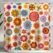Retro Flower Shower Curtain, Groovy Vintage Hippie Funky 70s Sun Flowers Shower — custom printed polyester bath curtain