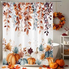 Orange Leaves Autumn Pumpkin Blue Fall Shower Curtain Set for Bathroom Decor — custom printed polyester bath curtain