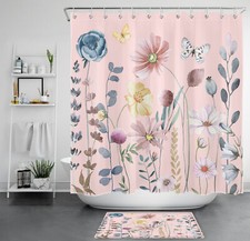 Fall Blue Eucalyptus Leaf Pink Wildflower Shower Curtain Set for Bathroom Decor — custom printed polyester bath curtain