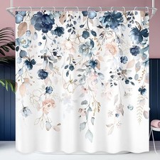 Floral Flower Shower Curtain Spring Blue Pink Bathroom Curtain Eucalyptus Leaf — custom printed polyester bath curtain