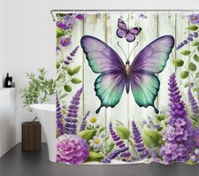 Vintage Butterfly Purple Lavender Floral Shower Curtain Set for Bathroom Decor — custom printed polyester bath curtain