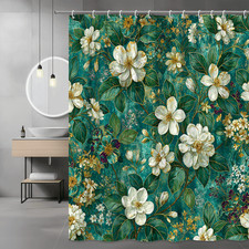 Floral Shower Curtain White Flowers Green Leaves Teal Background — custom printed polyester bath curtain