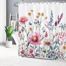 Rustic Green Leaves Pink Wildflower Fall Shower Curtain Bathroom Accessories Set — custom printed polyester bath curtain