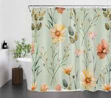 Garden Sage Green Leaf Yellow Wildflower Shower Curtain Set for Bathroom Decor — custom printed polyester bath curtain