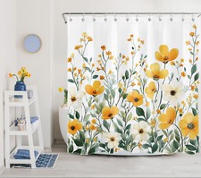 Green Leaf Yellow Wildflower Rustic Floral Shower Curtain Set for Bathroom Decor — custom printed polyester bath curtain