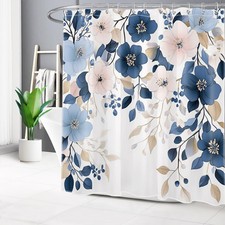 Vintage Botanical Blue and Pink Floral Shower Curtain Set for Bathroom Decor — custom printed polyester bath curtain