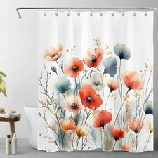 Farmhouse Blue Leaf Orange Wildflower Shower Curtain Set for Bathroom Decor — custom printed polyester bath curtain