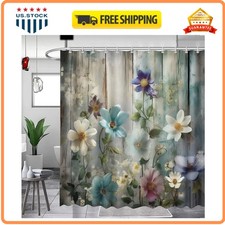 Rustic Farmhouse Shower Curtain Floral Teal Wood Pattern Fabric 72x72 inch — custom printed polyester bath curtain
