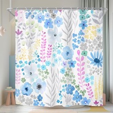 Blue Grey Floral Shower Curtain for Bathroom Decor 72Wx72H Cute Boho Wildflow... — custom printed polyester bath curtain
