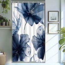 Navy Blue Floral Flower Small Stall Half Bathroom Shower Curtain 36x72 Inch — custom printed polyester bath curtain
