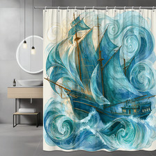 Ocean Ship Shower Curtain Blue Wave Sailboat Graphic — custom printed polyester bath curtain