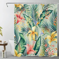 Sage Green Plant Palm Leaf Yellow Floral Shower Curtain Set for Bathroom Decor — custom printed polyester bath curtain