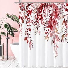 Long Shower Curtain Burgundy Red Floral Eucalyptus Leaves 72x78 Inch Set — custom printed polyester bath curtain