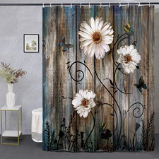 Rustic Shower Curtain Set Grey Floral Fabric Bath Curtain 12 Hooks Butterfly Dai — custom printed polyester bath curtain