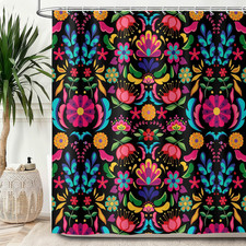 Colorful Floral Shower Curtain, Boho Mexican Flower Shower Curtains Set, Vintage — custom printed polyester bath curtain